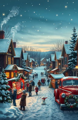 A picturesque snowy scene of a small town in Indiana during Christmas time