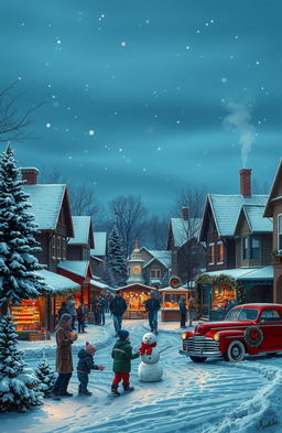 A picturesque snowy scene of a small town in Indiana during Christmas time
