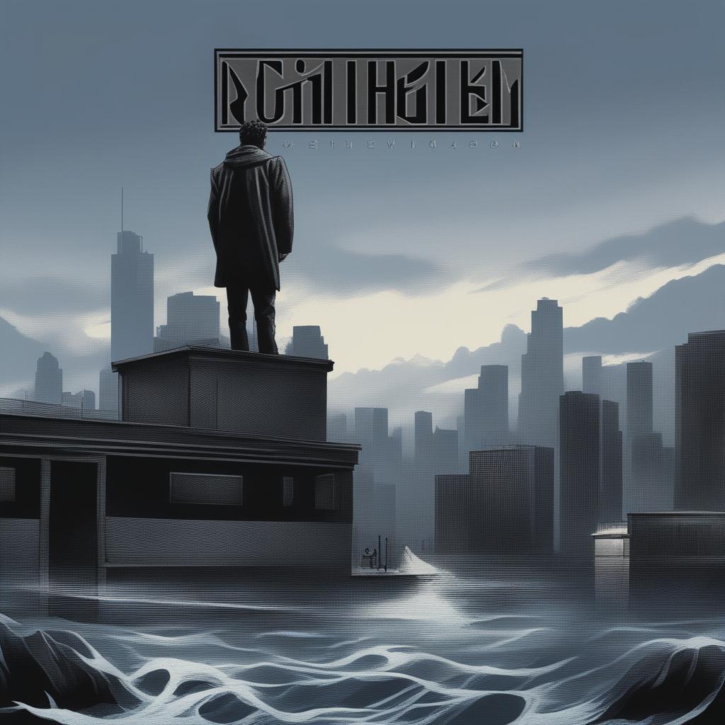 A nu-metal album cover featuring a dusky, cityscape ocean scene