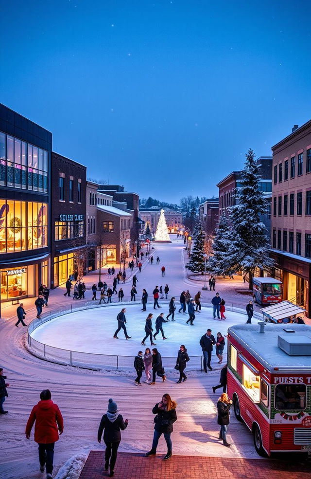 A modern small town in Indiana covered in snow during Christmas time