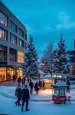 A modern small town in Indiana covered in snow during Christmas time