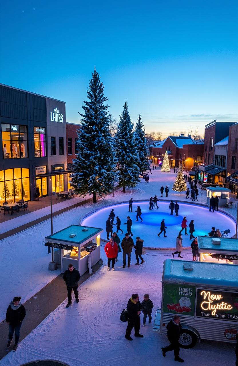 A modern small town in Indiana covered in snow during Christmas time