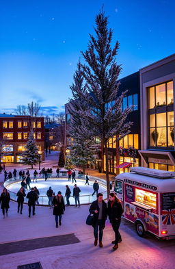 A modern small town in Indiana covered in snow during Christmas time