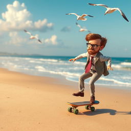 A humorous scene depicting a character resembling a quirky beet farmer, similar to Dwight Schrute from "The Office," riding a penny board on a sunny beach