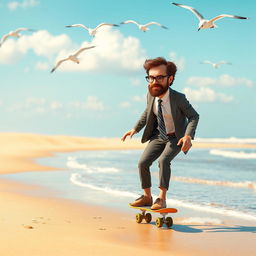 A humorous scene depicting a character resembling a quirky beet farmer, similar to Dwight Schrute from "The Office," riding a penny board on a sunny beach