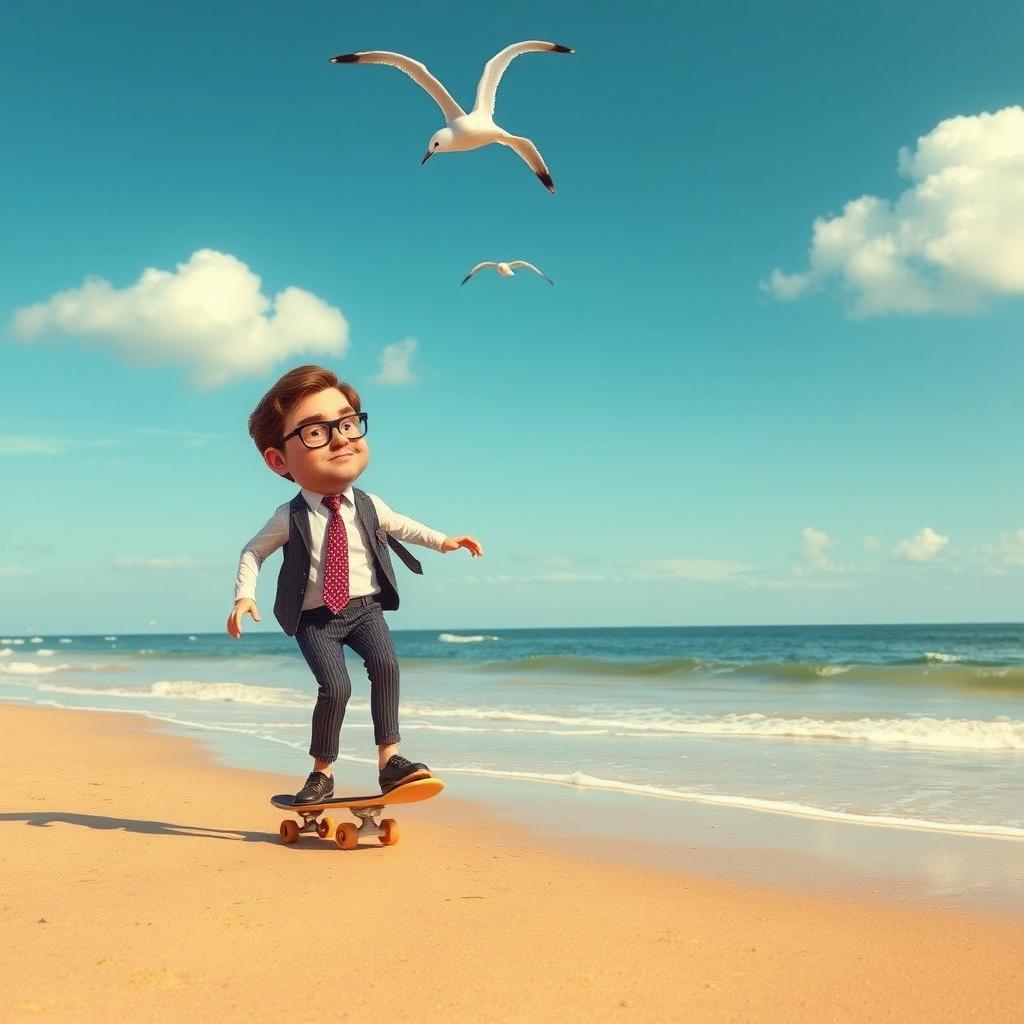 A humorous scene depicting a character resembling a quirky beet farmer, similar to Dwight Schrute from "The Office," riding a penny board on a sunny beach