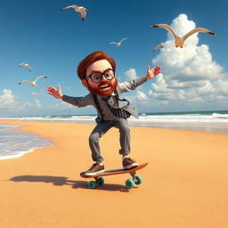 A humorous scene depicting a character resembling a quirky beet farmer, similar to Dwight Schrute from "The Office," riding a penny board on a sunny beach