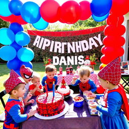 A vibrant and dynamic scene celebrating Danis's 4th birthday with a Spiderman theme