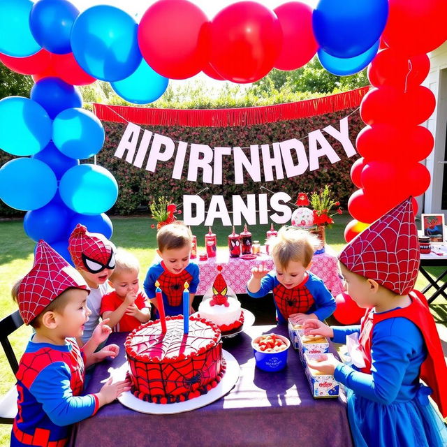 A vibrant and dynamic scene celebrating Danis's 4th birthday with a Spiderman theme