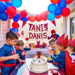 A vibrant and dynamic scene celebrating Danis's 4th birthday with a Spiderman theme