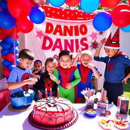 A vibrant and dynamic scene celebrating Danis's 4th birthday with a Spiderman theme