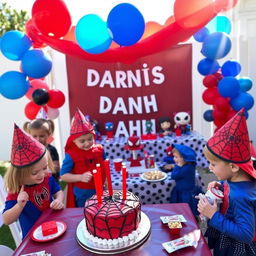 A vibrant and dynamic scene celebrating Danis's 4th birthday with a Spiderman theme