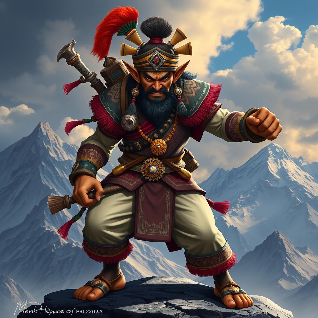 A unique character design for an enemy inspired by Nepali culture, featuring intricate details like traditional Nepali clothing with bold patterns, a fierce facial expression, and ornate accessories such as a topi (traditional cap) and jewelry