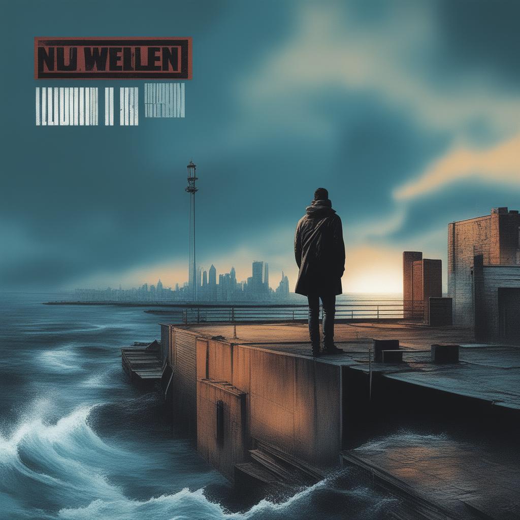 A nu-metal album cover featuring a dusky, cityscape ocean scene