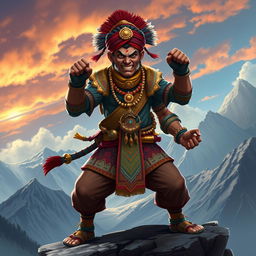 A unique character design for an enemy inspired by Nepali culture, featuring intricate details like traditional Nepali clothing with bold patterns, a fierce facial expression, and ornate accessories such as a topi (traditional cap) and jewelry