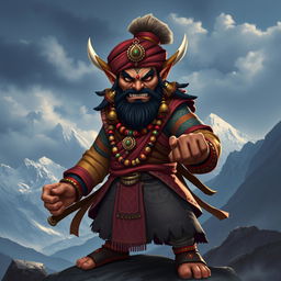 A unique character design for an enemy inspired by Nepali culture, featuring intricate details like traditional Nepali clothing with bold patterns, a fierce facial expression, and ornate accessories such as a topi (traditional cap) and jewelry