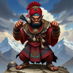 A unique character design for an enemy inspired by Nepali culture, featuring intricate details like traditional Nepali clothing with bold patterns, a fierce facial expression, and ornate accessories such as a topi (traditional cap) and jewelry