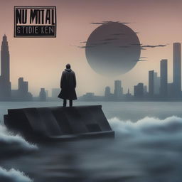 A nu-metal album cover featuring a dusky, cityscape ocean scene