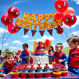 A vibrant and festive birthday scene themed around Spider-Man, featuring colorful decorations including Spider-Man balloons, banners, and cake