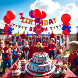 A vibrant and festive birthday scene themed around Spider-Man, featuring colorful decorations including Spider-Man balloons, banners, and cake