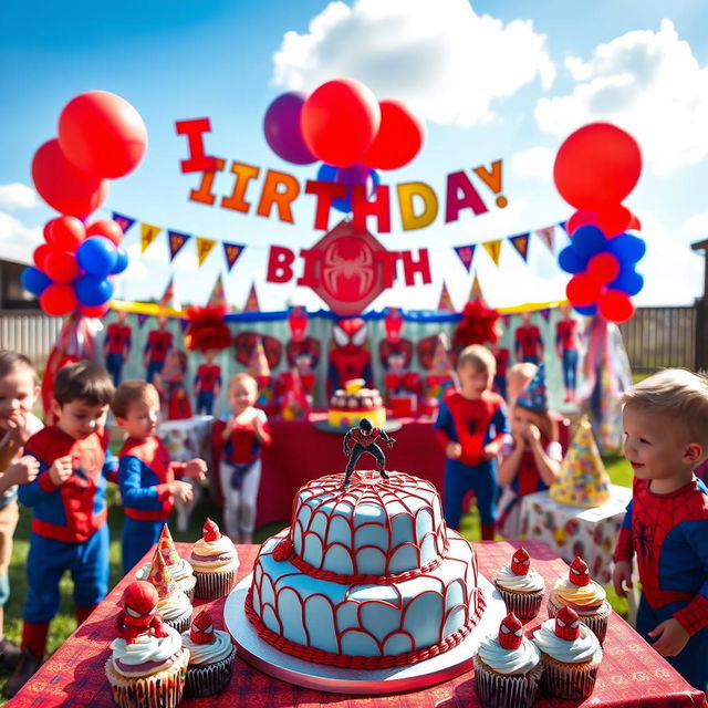 A vibrant and festive birthday scene themed around Spider-Man, featuring colorful decorations including Spider-Man balloons, banners, and cake