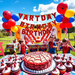 A vibrant and festive birthday scene themed around Spider-Man, featuring colorful decorations including Spider-Man balloons, banners, and cake
