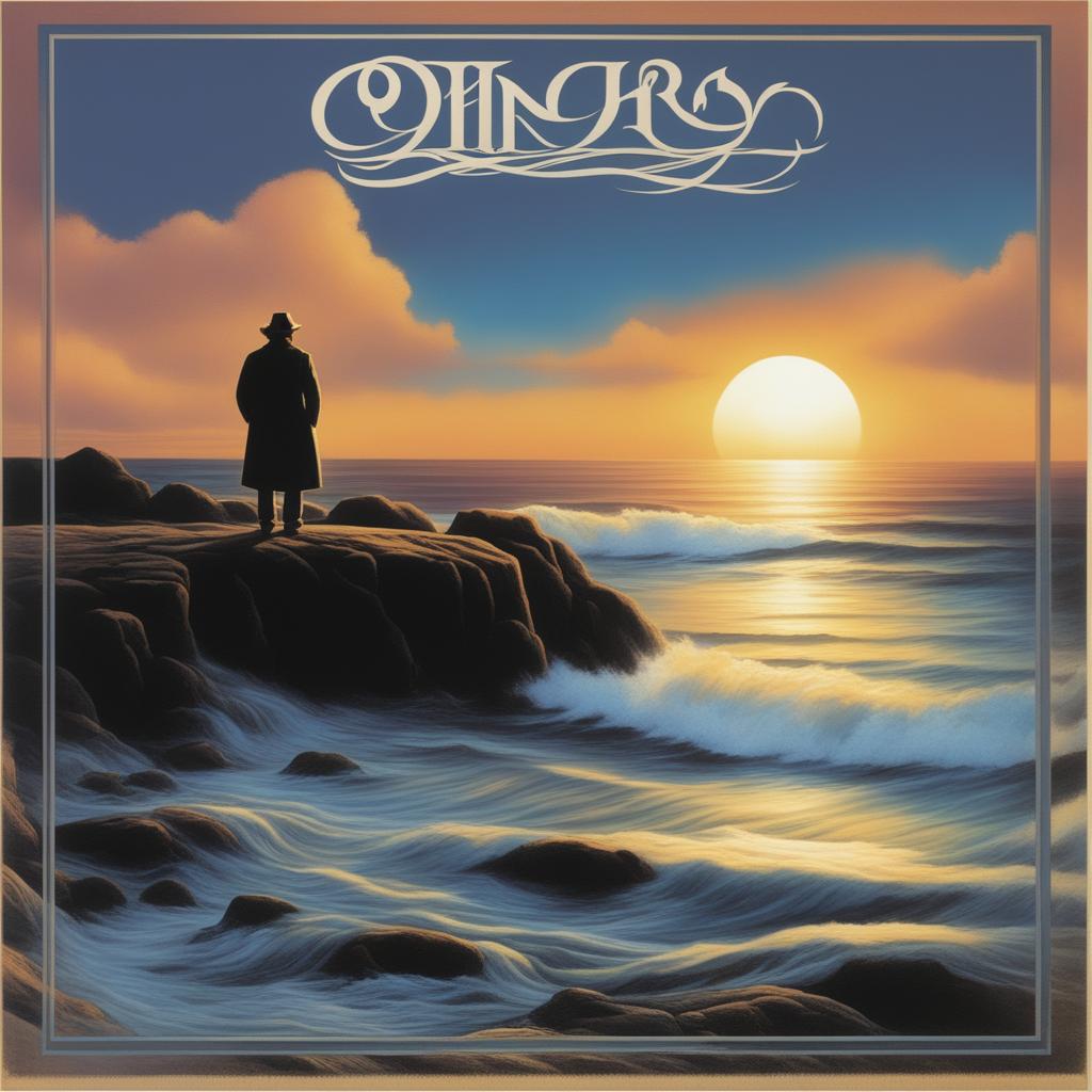 A classic rock album cover featuring a serene, sunset ocean scene