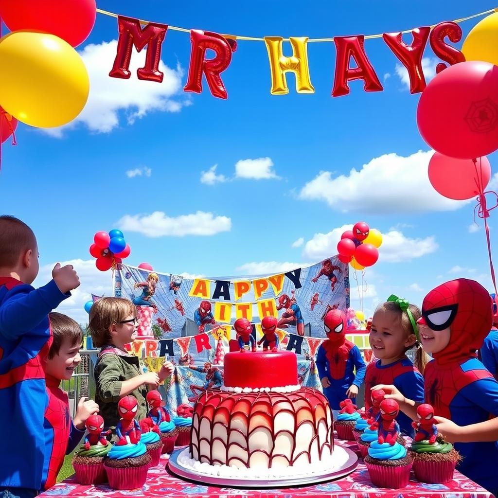 A vibrant and festive birthday scene themed around Spider-Man, featuring colorful decorations including Spider-Man balloons, banners, and cake