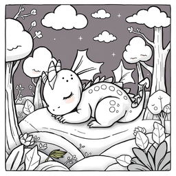 A cute and childish female dragon sleeping peacefully in a serene forest