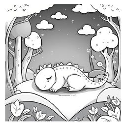 A cute and childish female dragon sleeping peacefully in a serene forest