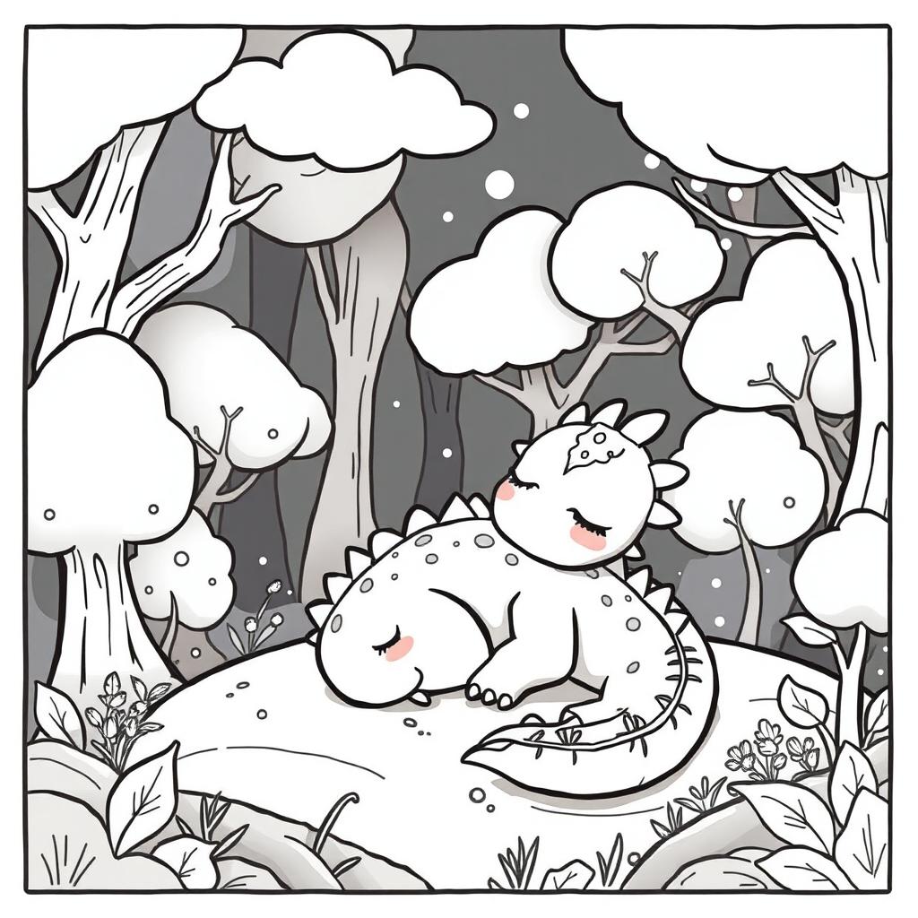 A cute and childish female dragon sleeping peacefully in a serene forest