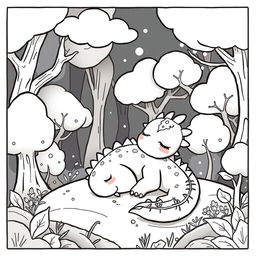 A cute and childish female dragon sleeping peacefully in a serene forest