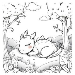 A cute and childish female dragon sleeping peacefully in a serene forest