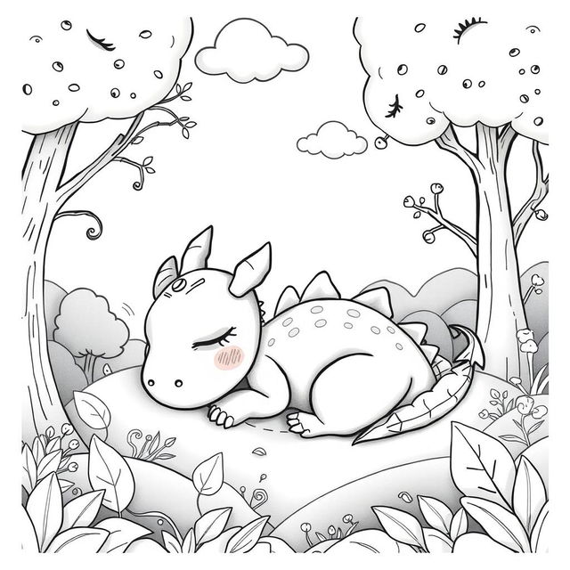 A cute and childish female dragon sleeping peacefully in a serene forest