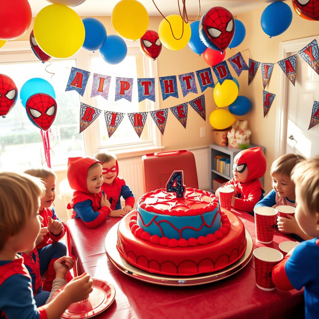 A vibrant and festive scene depicting a child's fourth birthday party with a Spiderman theme