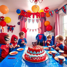 A vibrant and festive scene depicting a child's fourth birthday party with a Spiderman theme