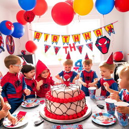 A vibrant and festive scene depicting a child's fourth birthday party with a Spiderman theme