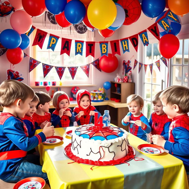 A vibrant and festive scene depicting a child's fourth birthday party with a Spiderman theme