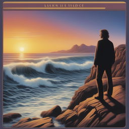 A classic rock album cover featuring a serene, sunset ocean scene