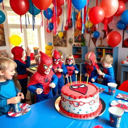 A lively and colorful scene showcasing a Danish child's fourth birthday party with a Spiderman theme