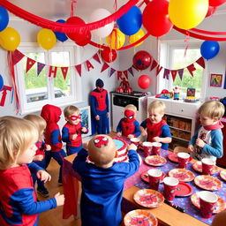 A lively and colorful scene showcasing a Danish child's fourth birthday party with a Spiderman theme