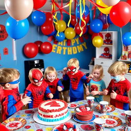 A lively and colorful scene showcasing a Danish child's fourth birthday party with a Spiderman theme