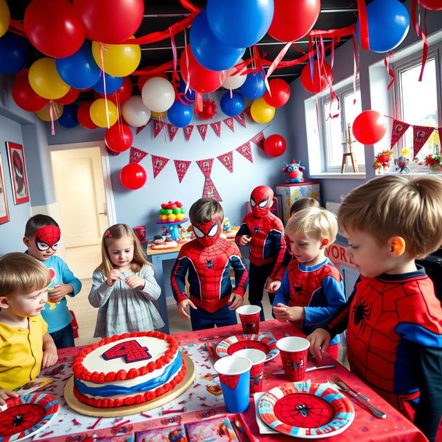 A lively and colorful scene showcasing a Danish child's fourth birthday party with a Spiderman theme