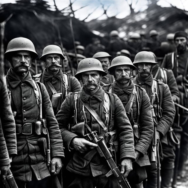 A high-quality black and white photograph of German soldiers during World War I, showing their uniforms, weapons, and a war-torn landscape in the background