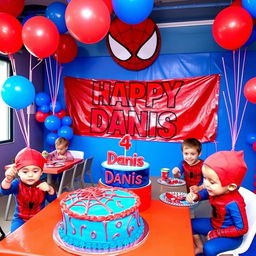 A vibrant birthday celebration scene for a 4-year-old named Danis featuring a Spider-Man theme
