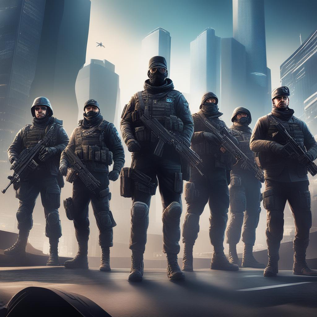 A high-quality digital art piece depicting the German Army in the style of the video game, Watch Dogs, with soldiers in modern military uniforms and high-tech gear against a futuristic cityscape