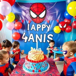 A vibrant birthday celebration scene for a 4-year-old named Danis featuring a Spider-Man theme