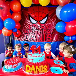 A vibrant birthday celebration scene for a 4-year-old named Danis featuring a Spider-Man theme