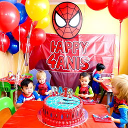 A vibrant birthday celebration scene for a 4-year-old named Danis featuring a Spider-Man theme