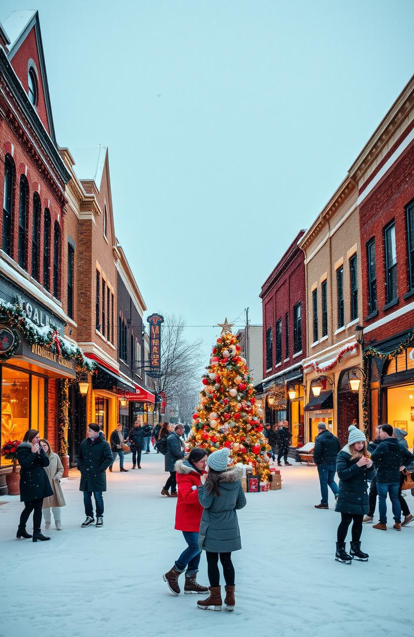 A serene modern small town in Indiana during Christmas winter, featuring picturesque snow-covered streets adorned with twinkling holiday lights